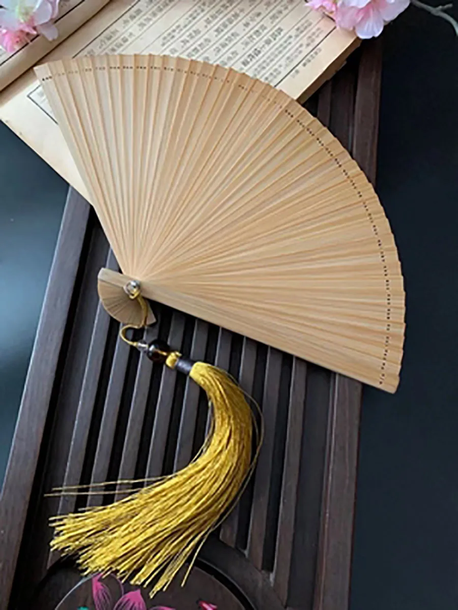 Chinese Ancient Style Portable Bamboo Hand Fan, Foldable for Women, Ladies Summer Costume, Han Fu Dance, Cheongsam with Tassel
