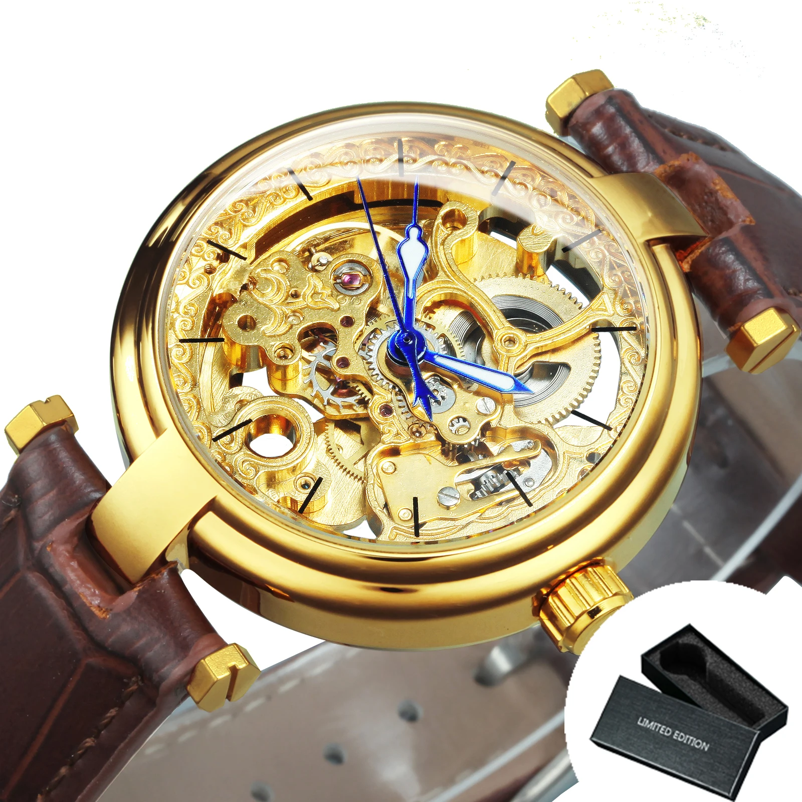 FORSINING Orologio da polso meccanico da uomo con quadrante scheletrato, trasparente, impermeabile, alla moda, per lavoro, automatico, a carica automatica, Oro
