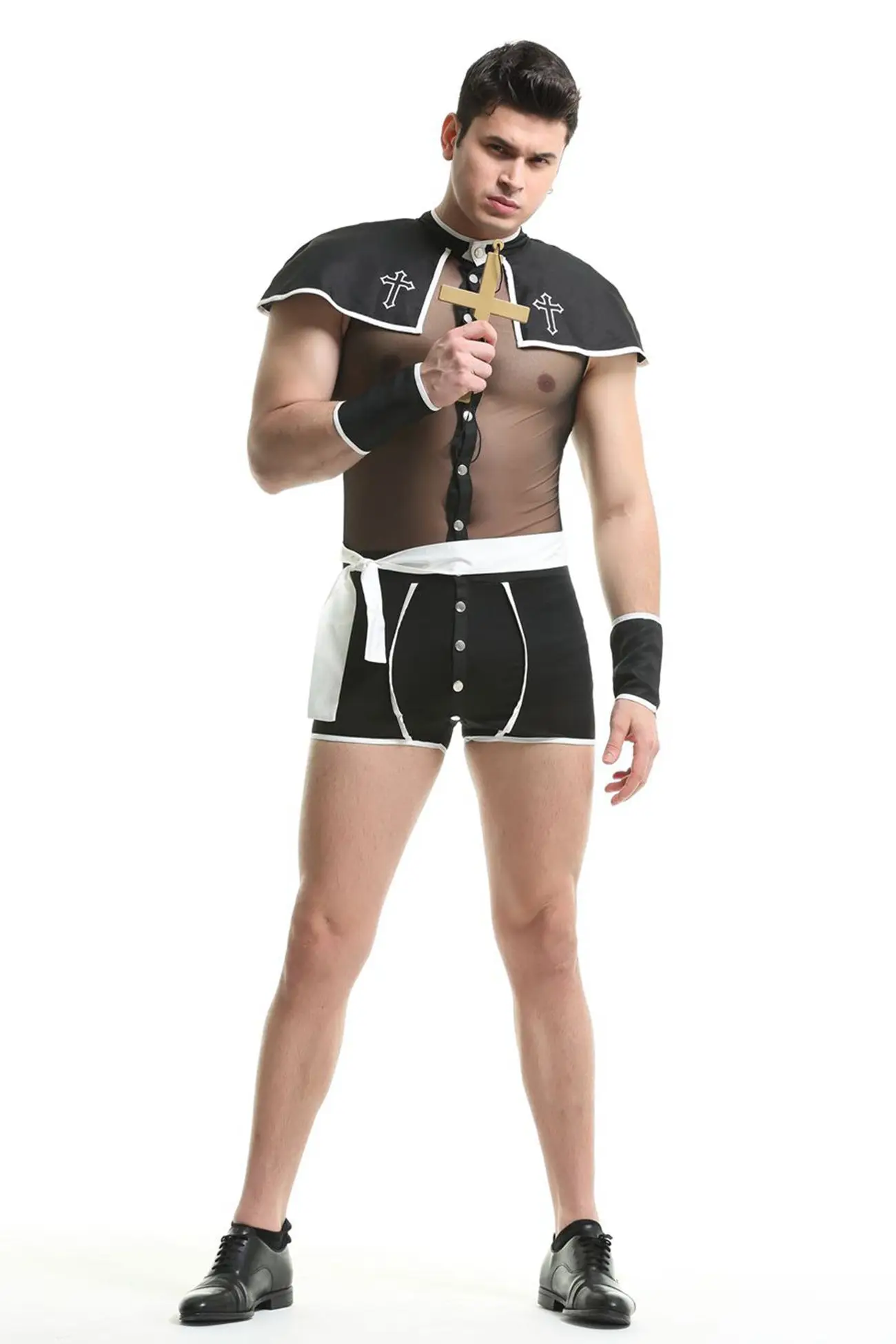 Role Play Mens Sexy Mesh Priest Cosplay Uniform Set Gay Bar Dance Perform Costume Outfit