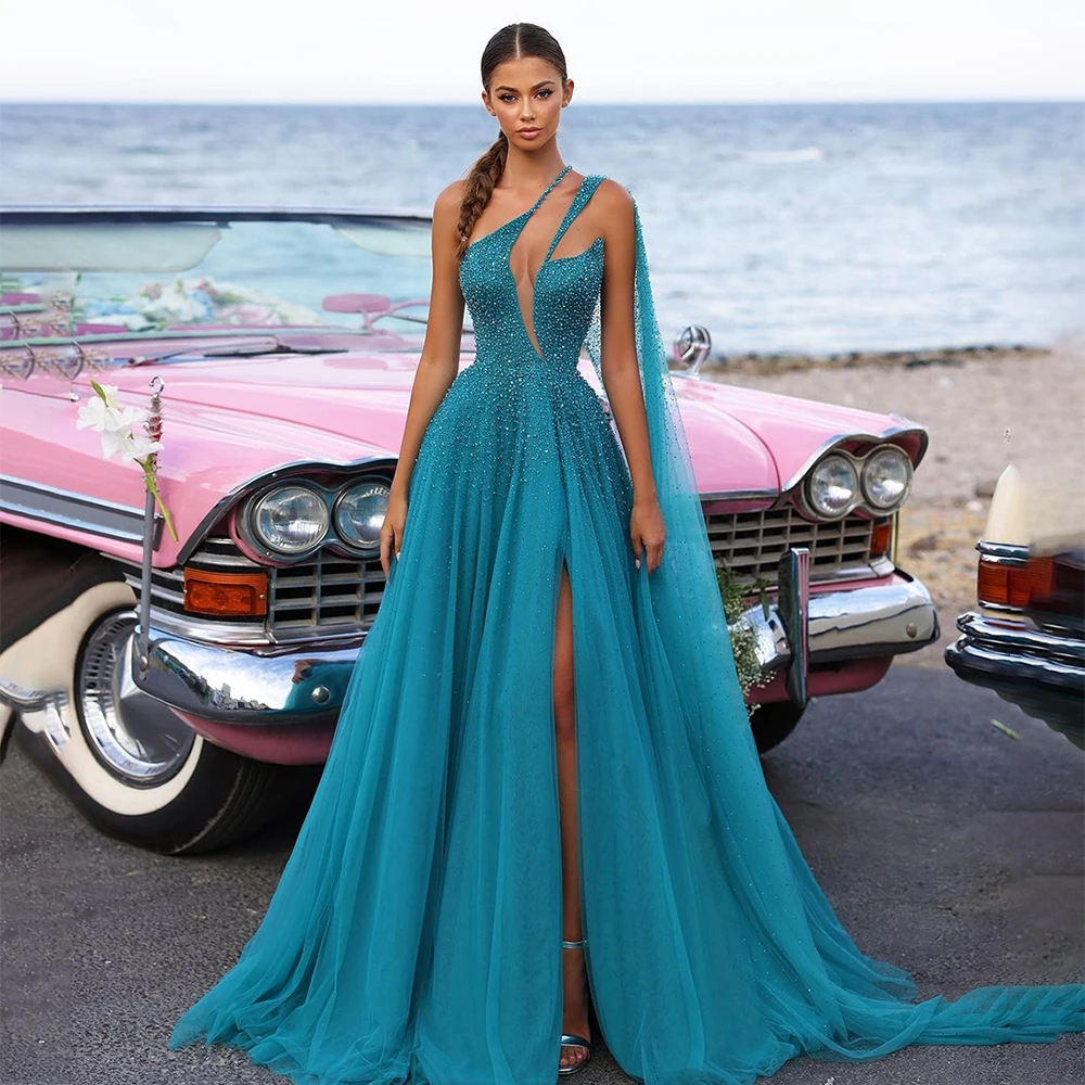 

Verngo Blue One Shoulder Prom Gown Draped Train Evening Dress Side Slit Long Dresses For Women Sequined Tulle Party Dresses