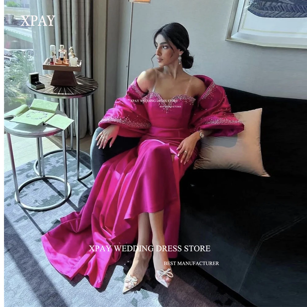 

XPAY Elegant Fuschia Saudi Arabic Women Evening Dresses With Shawl Beads Satin Mermaid Prom gowns Formal Party Dress 2023