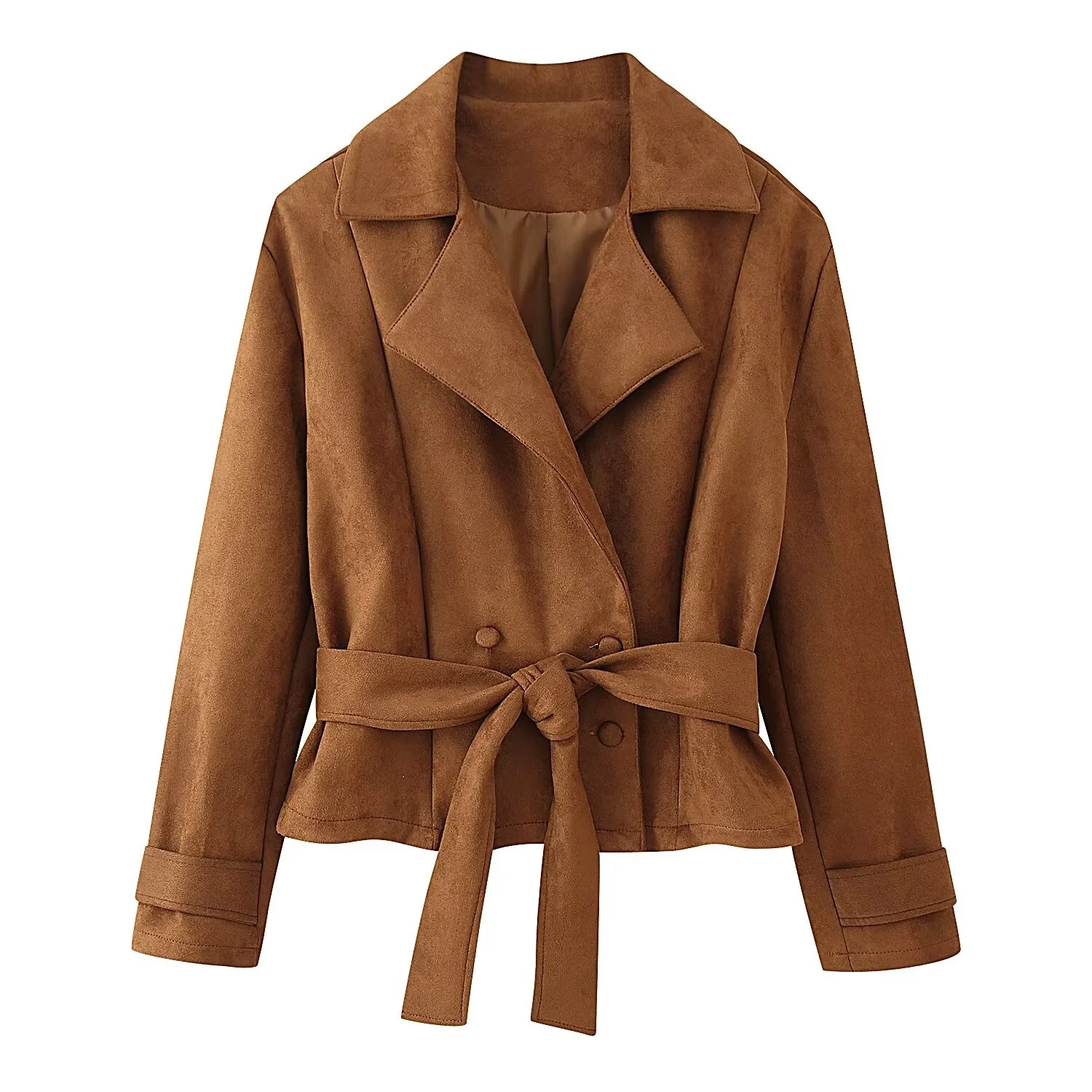 Women Brown Suede Short Jacket Female Fashion Turn-Down Collar Long Sleeved Coat Double Breasted With Belt High Street Outerwear
