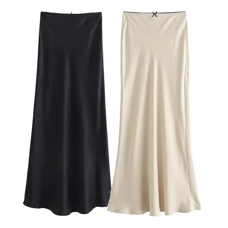 

TRAF Black Satin Long Skirts For Women Slim Midi Skirt Woman Elegant New Comfort Aesthetic Skirts Female Fashion Korean Skirt