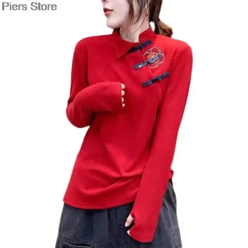 Women Chinese Shirts Long Sleeves Casual Tops Cheongsam Button Cotton