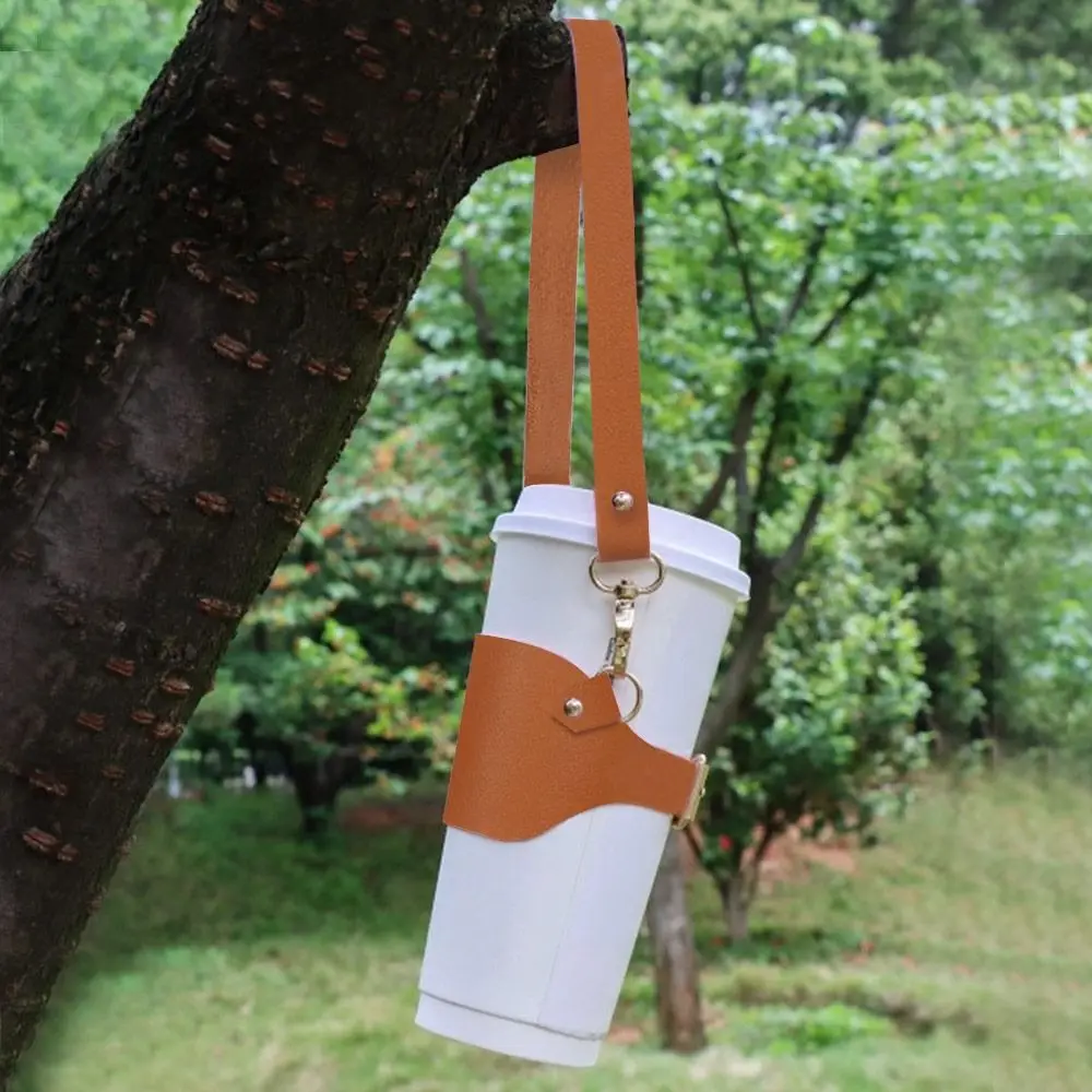 Creative PU Leather Cup Holder Lanyard Portable Heat-insulated Water Bottle Sling Hand-held Travel Milk Tea Cup Sleeve