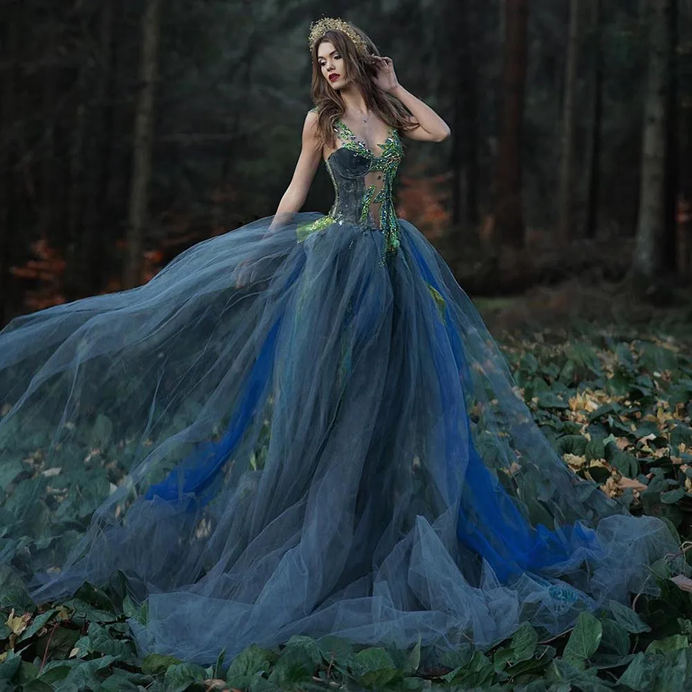 

Green Crystals Beaded Tulle Dress A-Line Gray Evening Dresses Elegant Layered Ball Gown Dress For Photo Shoot Luxuriant Dress