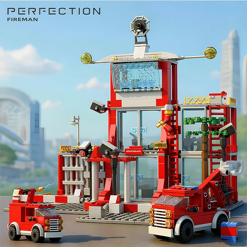 Police and Fire Station Building Blocks Set with Rescue Truck Car Figures Constr