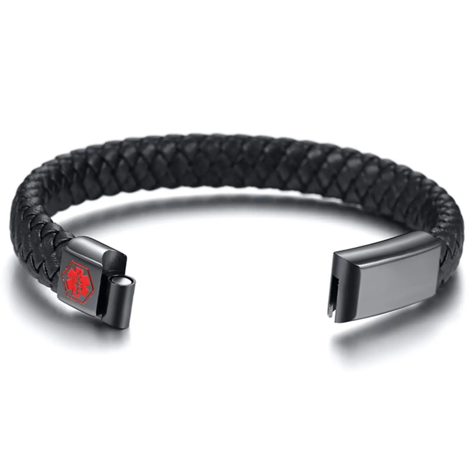 Red Medical Men's Bracelet,Black Genuine Leather ID Bracelet,Type 1/2 Diabetes Alzheimer Epilepsy Customize Bracelet