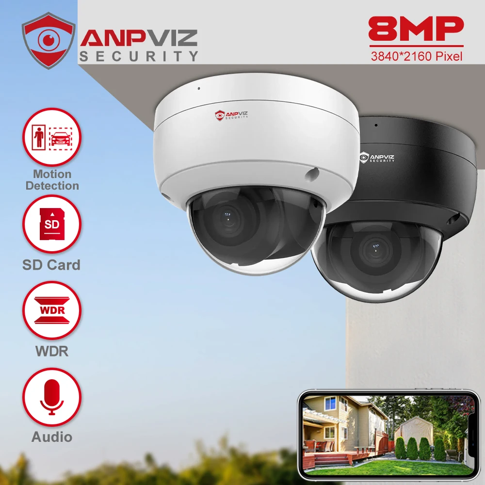 Anpviz 8MP POE IP Dome Camera Outdoor Night Vision 30m CCTV Video Surveillance IP67 H.265 Max 512GB SD Card Motion Detection 2.0