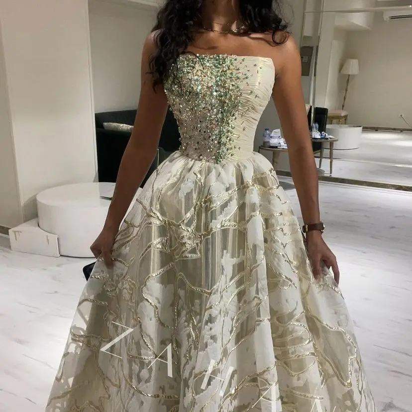 

A-Line Strapless Beadings Evening Dresses vestidos de gala Beaded Sleeveless Floor Length Prom Dresses Saudi Arabia Women Formal