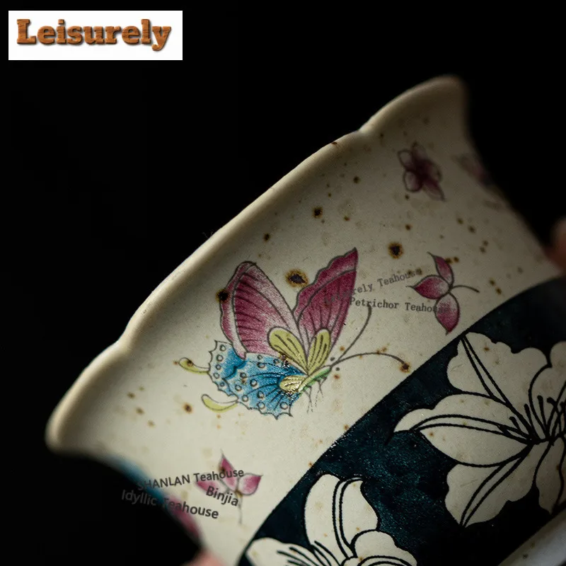 50ML Caramel Glaze Butterfly Lily Flower Mouth Teacup Elegant Tea Bowl Cute Cup Tea-tasting Meditation Cup Chazhan Master Cups