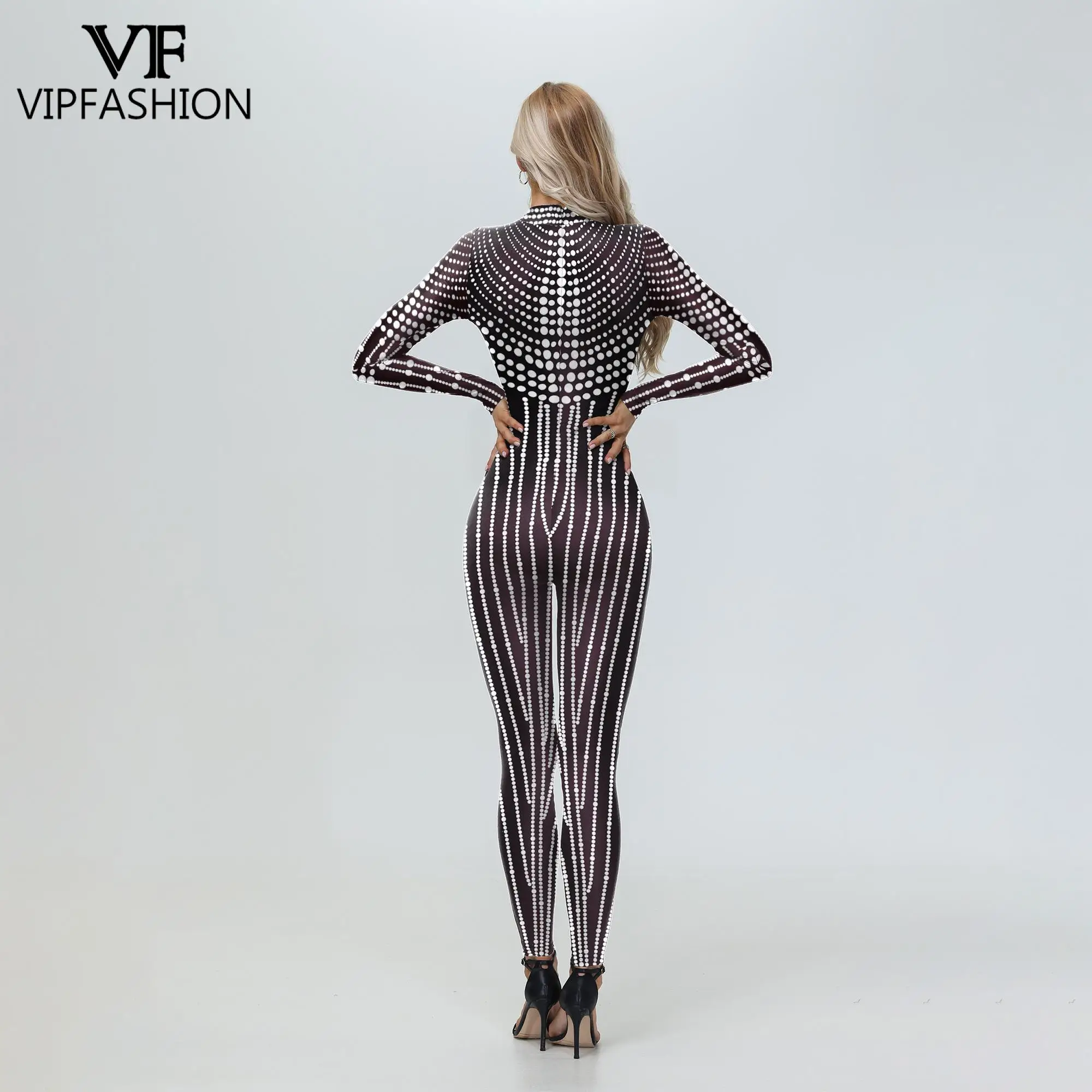 VIP FASHION Sequin 3D Print Jumpsuits for Women White Black Zentai Bodysuit Show Party Catsuit Canival Festival Cosplay Costume