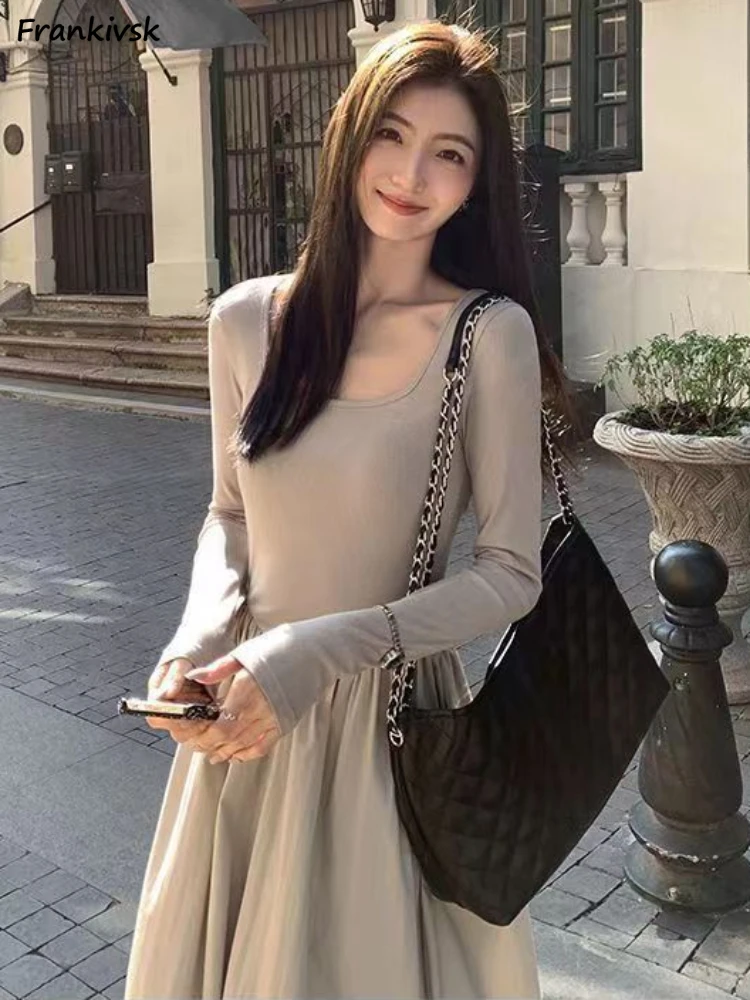 

Dresses Women Square Collar Party Autumn Elegant Ruched Simple Korean Leisure Office Lady Streetwear All-match Solid Vestidos