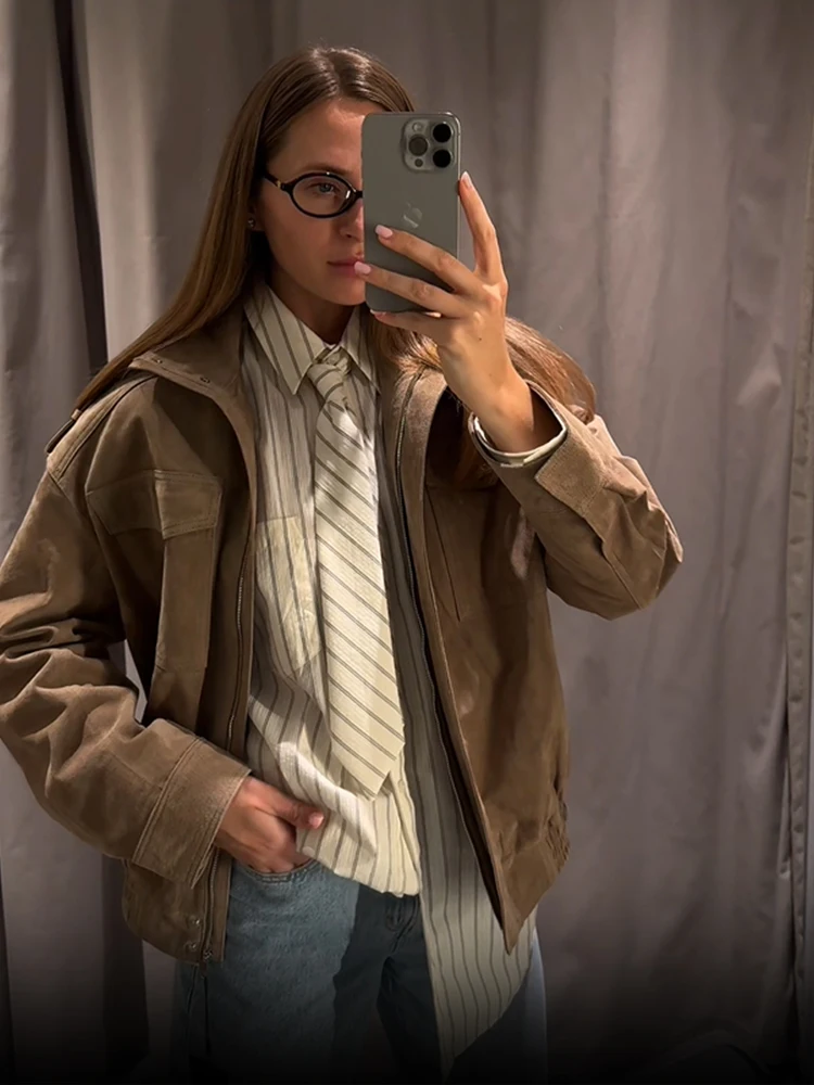 Women Loose Suede Jacket Fashion Long Sleeve Pockets Zipper Oversized Bomber Jacket 2025 Autumn Winter Lady High Street Outwear 3