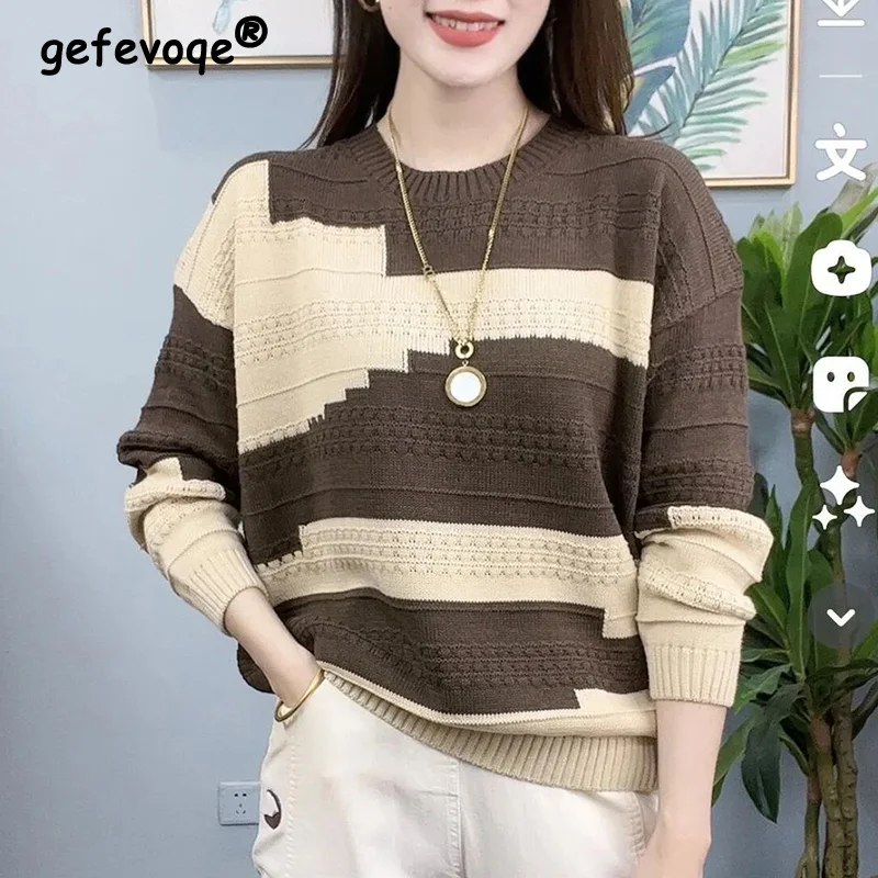 

Fashionable Jacquard Contrast Panel Knit Tops Autumn and Winter Loose-fitting Long Sleeve Pullover Sweaters Women's Clothing