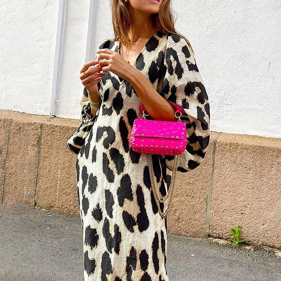 Elegant Leopard Print Puff Sleeve Cocktail Dress