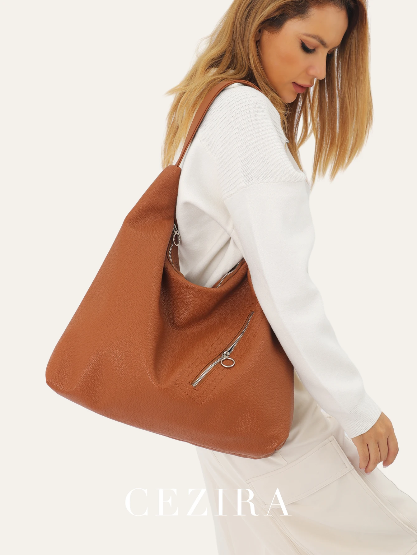 Women's Hobo Shoulder Bag - PU Leather Large Capacity Crossbody Purse With Multiple Zipper Pockets - View #5