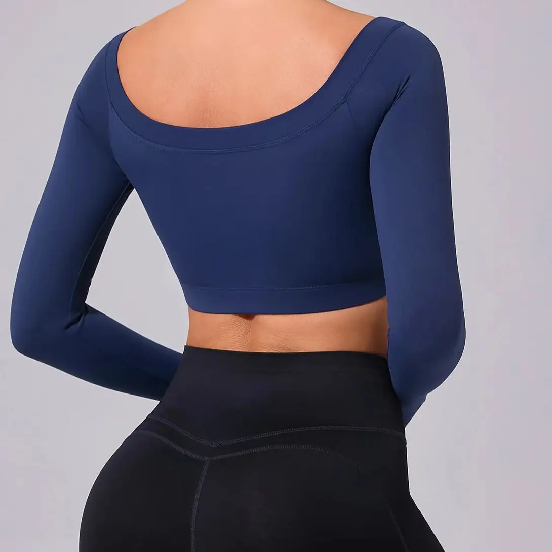 Top sportivo solido da donna T-shirt da yoga con spalle scoperte Manica lunga Allenamento da palestra Camicie da corsa Donne sexy Abbigliamento sportivo da palestra ad asciugatura rapida - immagine 6