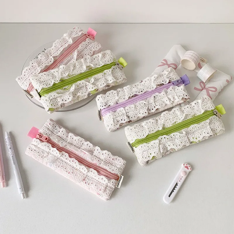 Astuccio in pizzo per studentessa con volant carino coreano trucco cancelleria organizer borsa portatile per il ritorno a scuola regalo Kawaii - immagine 2