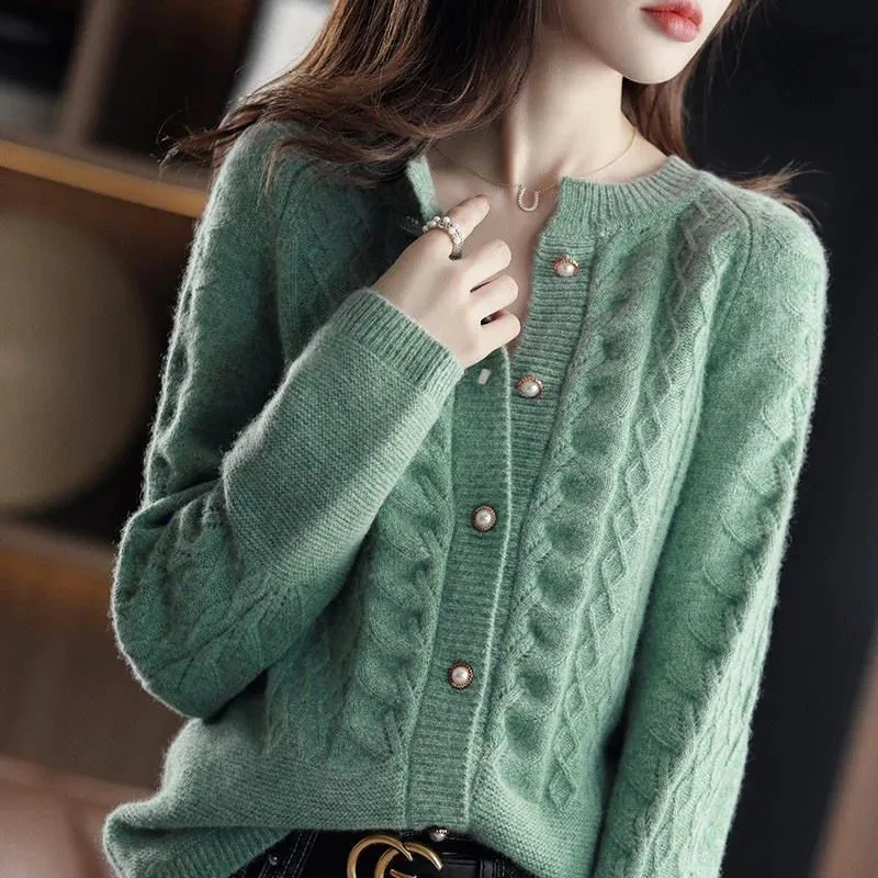 

Vintage Knitted Cardigan Jacket Women's 2024 Spring Autumn New Loose Short Sweater Coat Solid All-match Casual Ladies Outwear