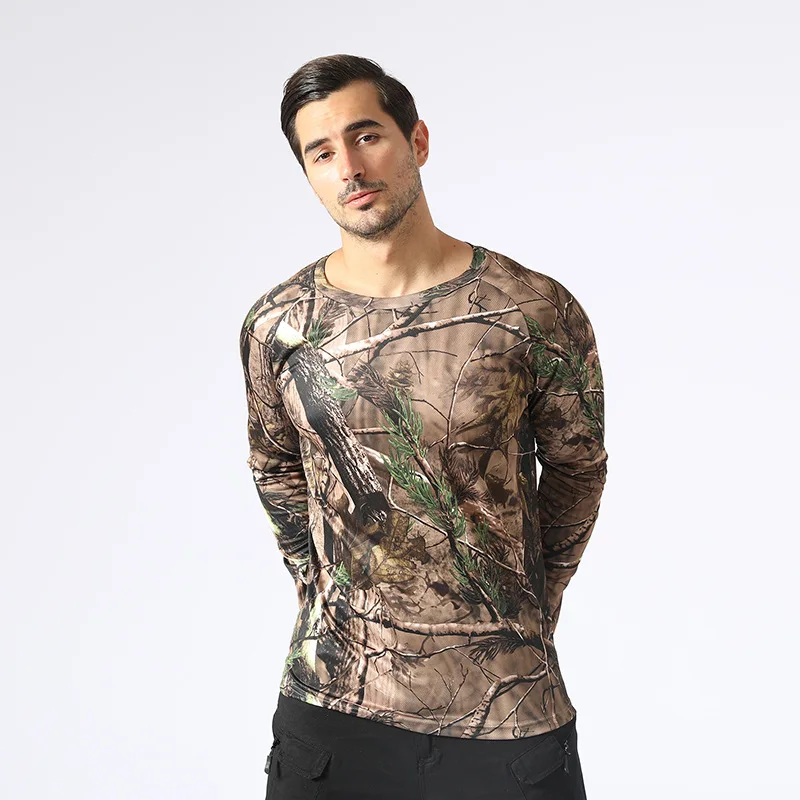 Camuflagem de mangas compridas t-shirts de secagem rápida masculina ao ar livre respirável combate militar tático t-shirts caça caminhadas