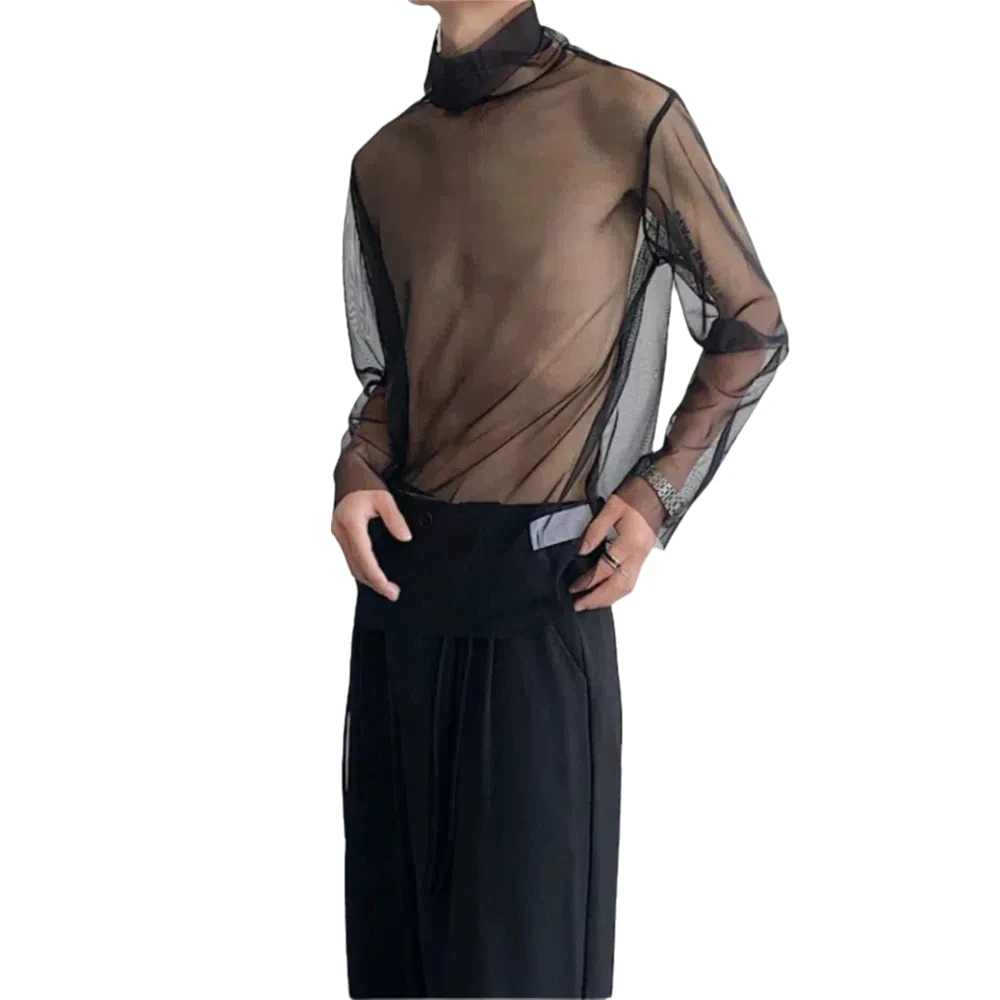 Creative See-through Transparent T-shirt High Collar Streetwear Long Sleeve T-shirt Solid Color Undershirt Mesh Top Men Male