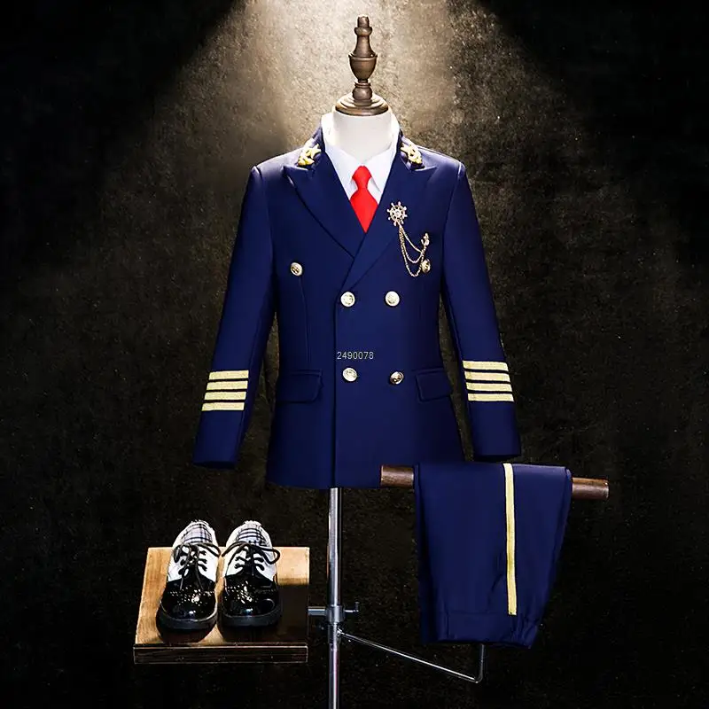 

Boys Captain Cos Uniform Kids Formal Jakcet Pants Tie 3P Performance Suit Children Photograph Dress Teenagers Stage Show Costume
