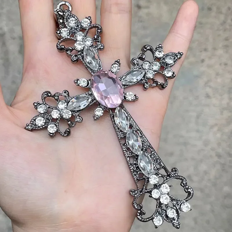 Alilang Goth Cross Pendant Necklace – Sparkly Crystal Rhinestones, Convertible To Brooch - View #3