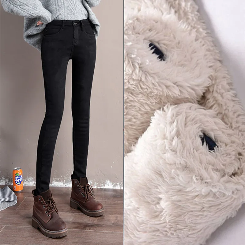 Snow Wear Lambwool Pencil Jeans Women Casual Embroidery Plus Velvet Winter Denim Trousers Warm High Waist Stretch Pantalones