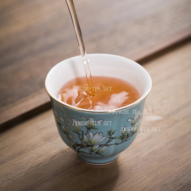 70ml Emerald Ceramic Tea Cup Jade Orchid Flower Inscribed Gold Tea Cup Household Chinese High-end Kung Fu Cup Drinking Utensils