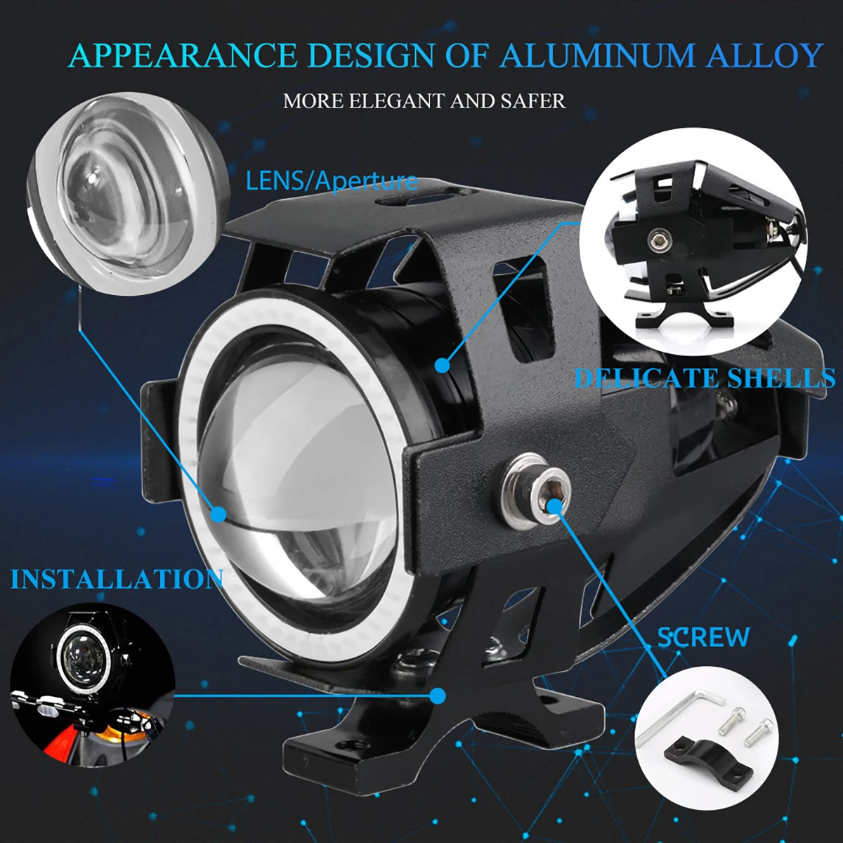 125W LED Motorcycle Headlight Universal 1200LM Angel Eyes U7 Mini Motorcycle Spotlights Bicycle Lamp Accessories