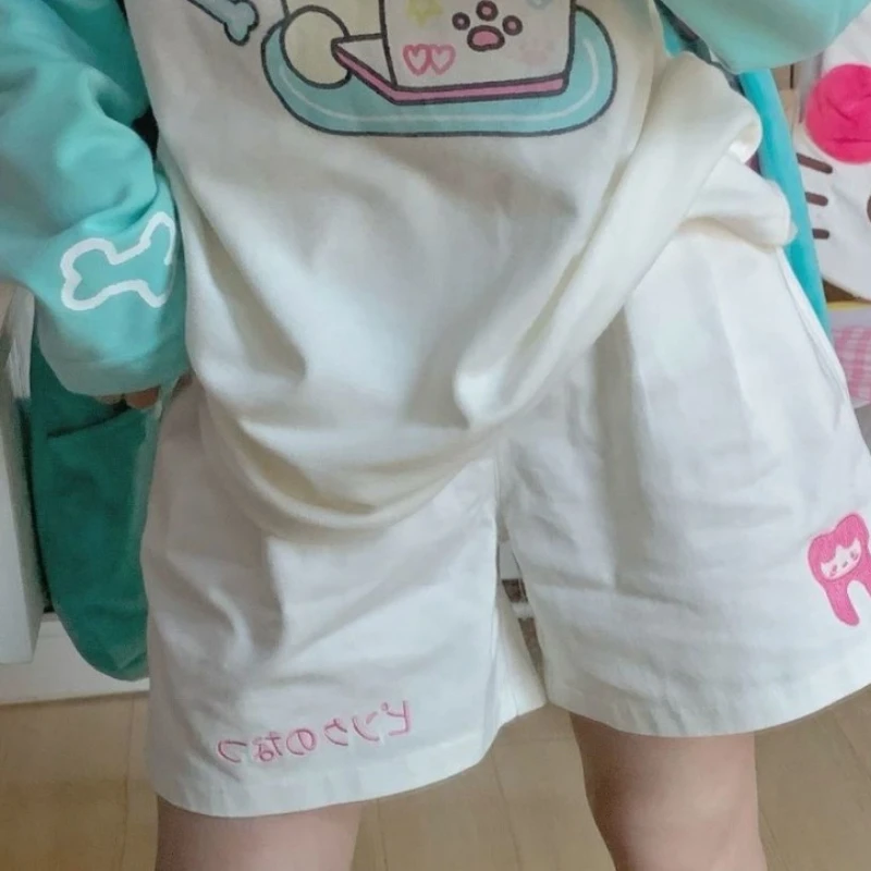 Full Marks Shorts Teeth Embroidery White Women Summer Japan Lovely Sweet Loose Fitting Versatile Leisure Wide Legs Student Y2k