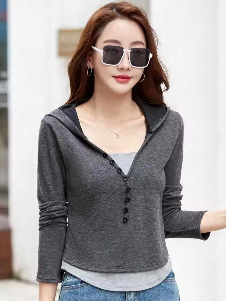 New Women Fake Two Pieces Sweatshirt Spring Autumn Fashion Hooded Patchwork Long Sleeve Loose Short Tops Casual Hoodies T-shirt