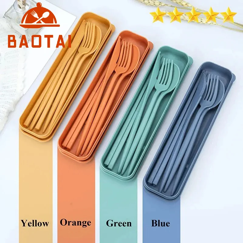 Cutlery Set Western Style Cutlery Set Picnic Cutlery Set Picnic Tableware Camping Cutlery Set Wooden Cutlery Set 4-Piece Portable Utensils Wheat Straw Chopstick Fork Knife Spoon Set