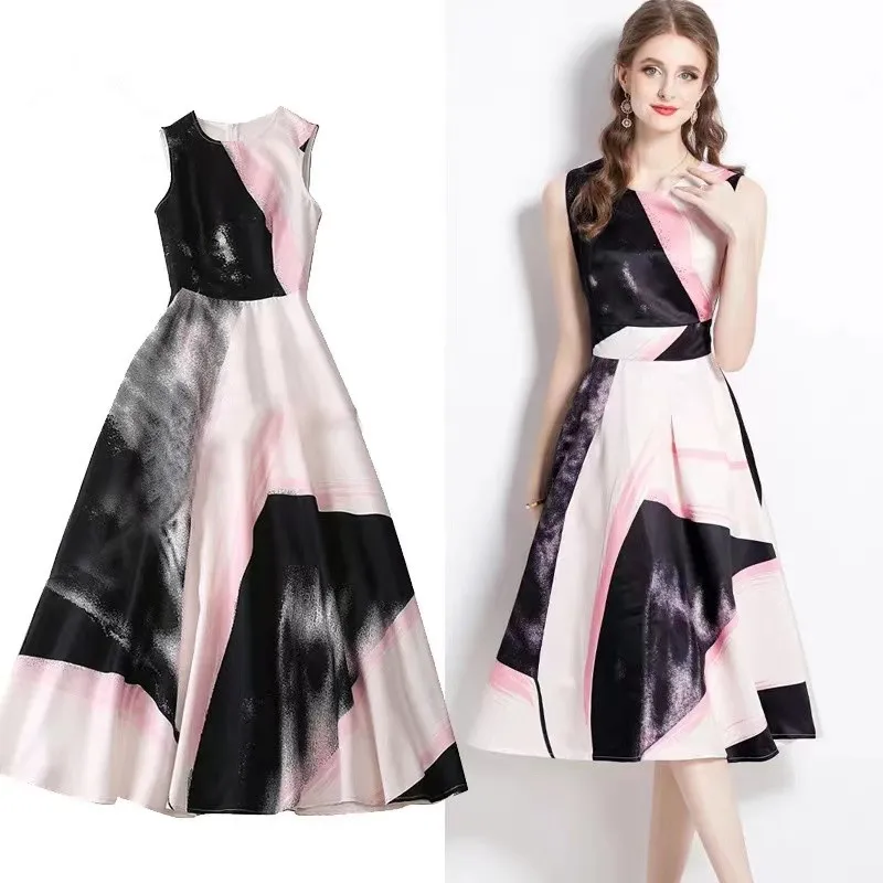 

Vintage Women Round Collar Pink Black Hit Color Midi Dress New 2023 Autumn Sleeveless Tank Printing Ladies Ball Gown Vestidos