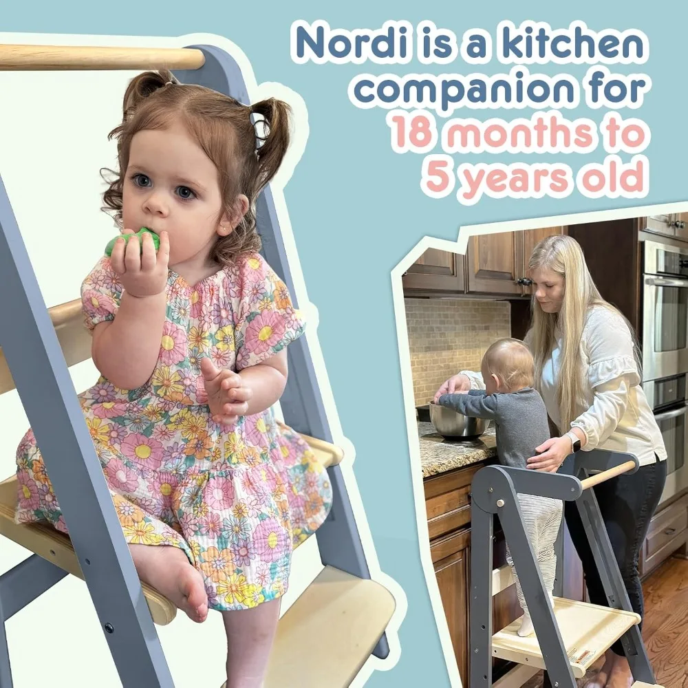 Foldable Toddler Kitchen Tower, Montessori Helper, Adjustable Heights for 18-48 Months, Grey