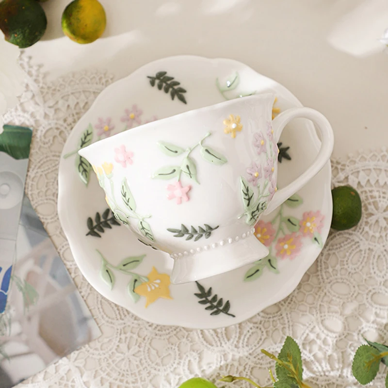 Creative Floral Pattern Cute Cups, Household Office Items Porcelain Water Mug, Minimalist style Coffee Cup and Plate Combination