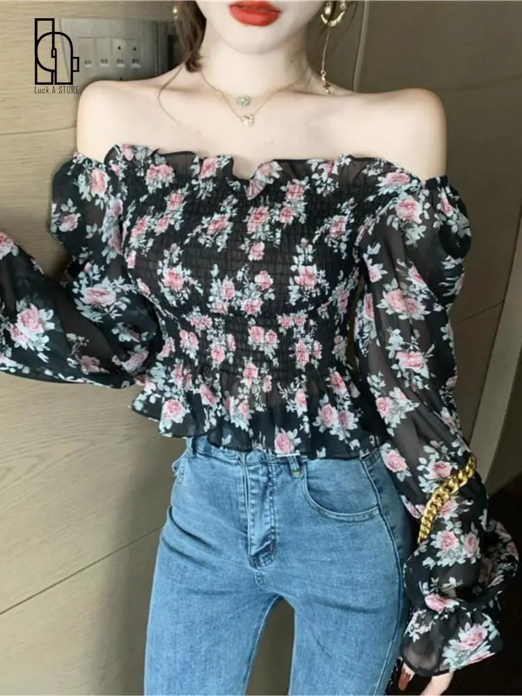 Spring Retro Sexy Floral Longsleeved Chiffon Shirt Top Women's Short