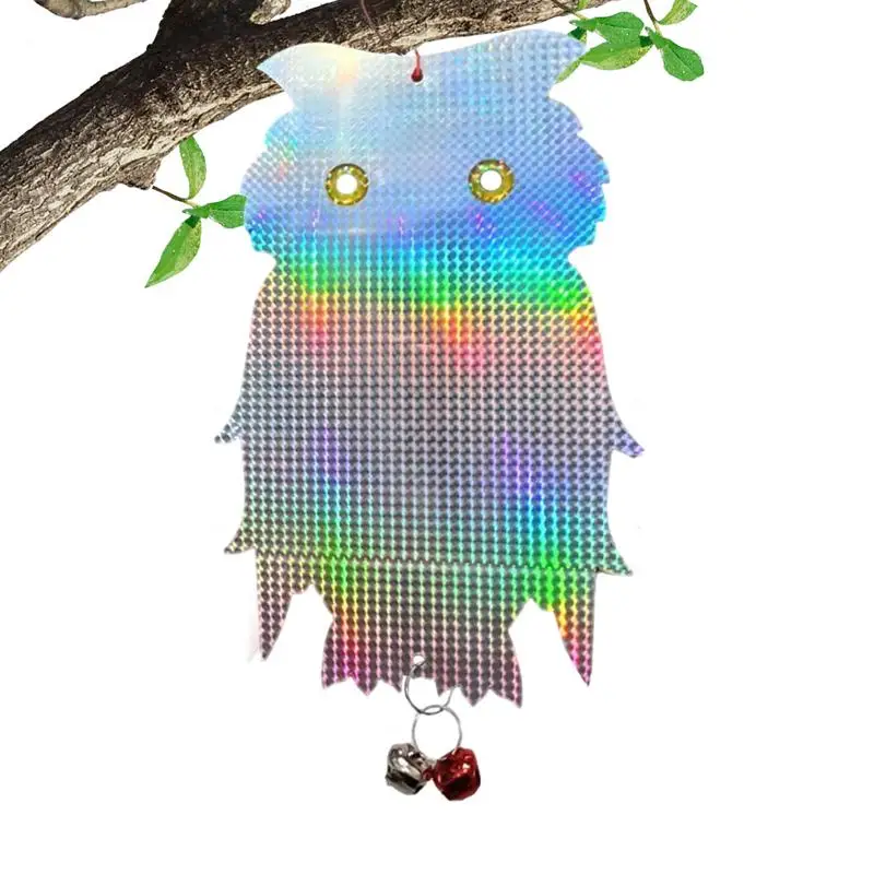 

Owl Bird Blinder Hang Reflective Scarer Owl With Bell Dual-Sida Fake Owl Realistic Owl Decoy For Woodpecker Swallow Hawks