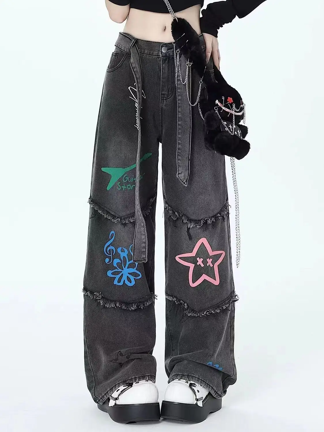 Retro stars graffiti jeans women 2023 autumn Harajuku loose raw edge design sense straight leg wide-leg pants American style ins