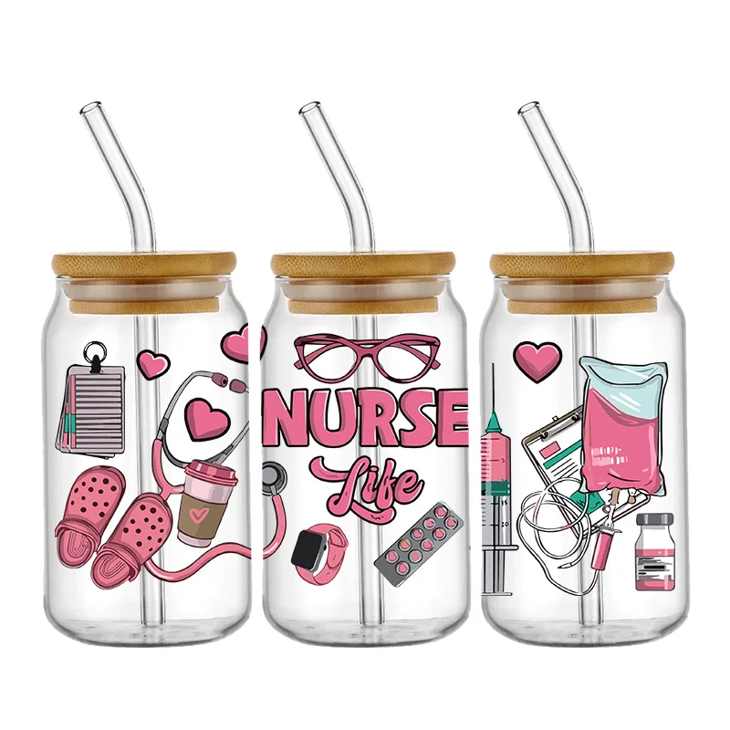 Nurse Cute Cartoon Design Best Seller 3D UV DTF Cup Wrap Transfers Stickers Labels Durable Waterproof Logo 16oz Glass Wrap