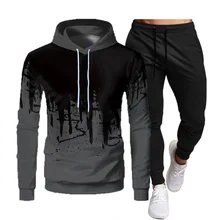 

2022Cross-Border Spring and Autumn Men's Casual Solid Color Brushed Splash Ink Hooded Sportswear Suit Slim Fit Fashion Two-Piece