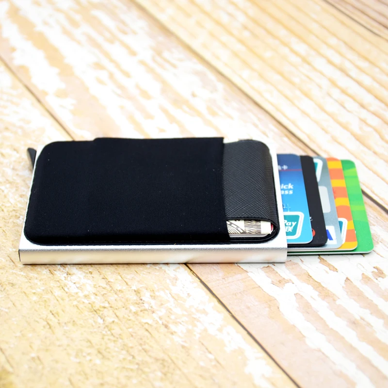 YUECIMIE Slim Aluminum Wallet With Elasticity Back Pouch ID Credit Card Holder Mini RFID Wallet Automatic Pop up Bank Card Case 5