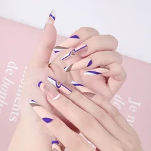 

24Pcs False Nails Blue Wavy Line Heart-shaped Design Fake Nails Artificial Long Ballerina Full Cover Nail Tips Press on Nail