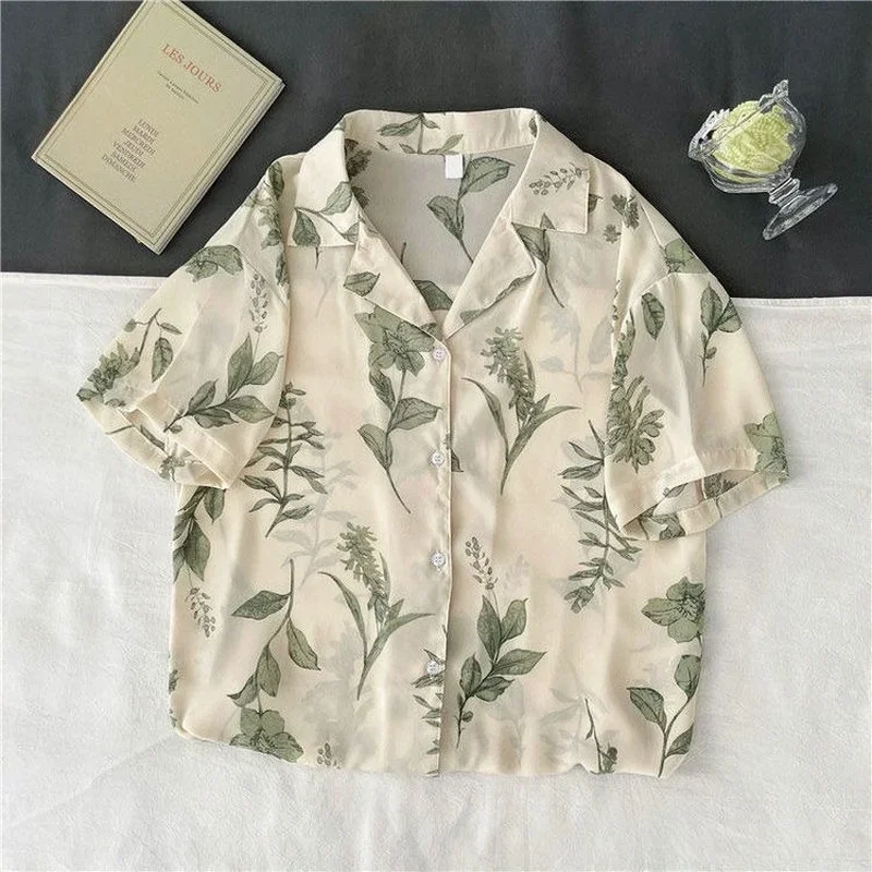 

Shirts Women Match Fashion Causal Floral Vintage Basic Notched Short Sleeve Women College Wind Woman Top Shirts