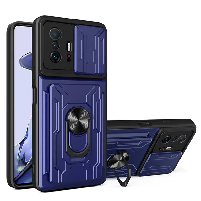 Detachable Card Holder Phone Case For Xiaomi 11T 11 Pro Redmi Note 11 10 Poco X3 Pro Max Slide Stand Kickstand Ring Camera Cover Blue