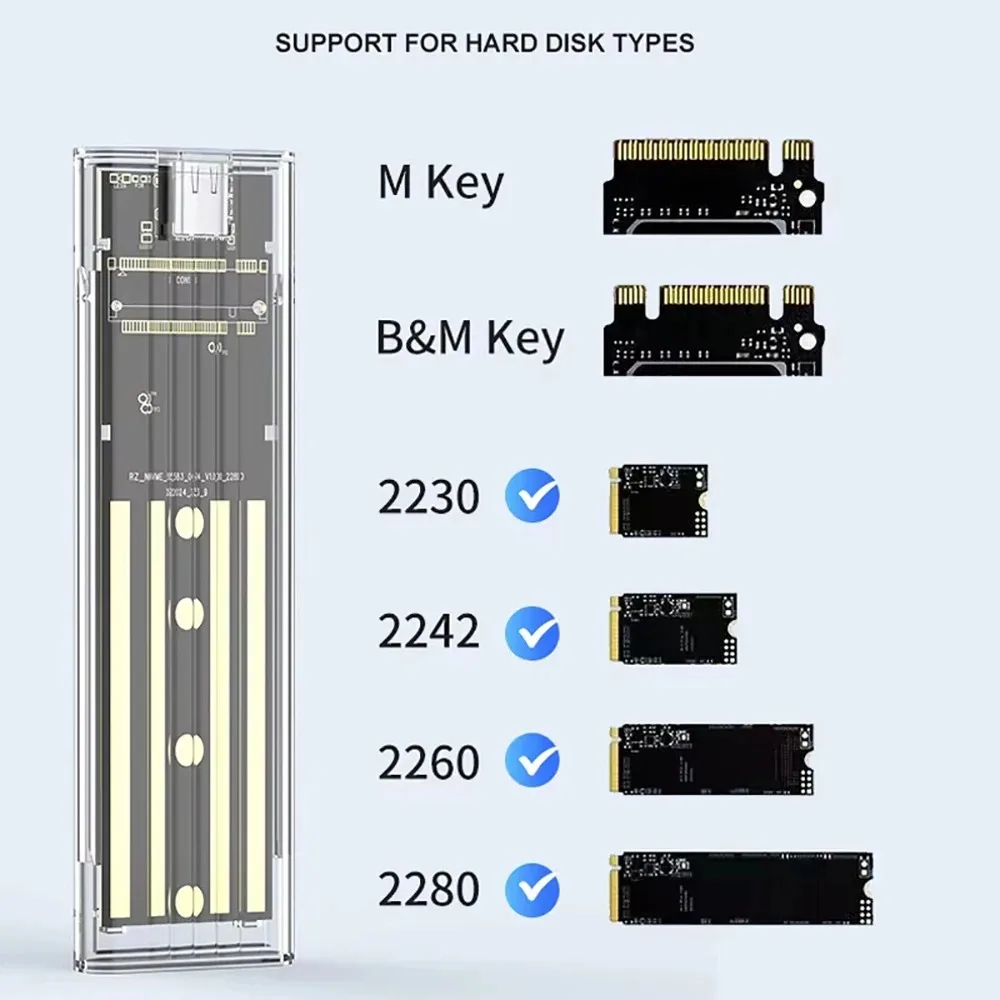 M.2 NVME PCIe NGFF SATA Dual Protocol SSD Case Clear USB Type C 10Gbps PCI-E M2 SSD Transparent External Enclosure Hard Disk Box external hard drive case,ssd enclosure,hard drive enclosure,hard disk case,external hard drive box,hdd case enclosure