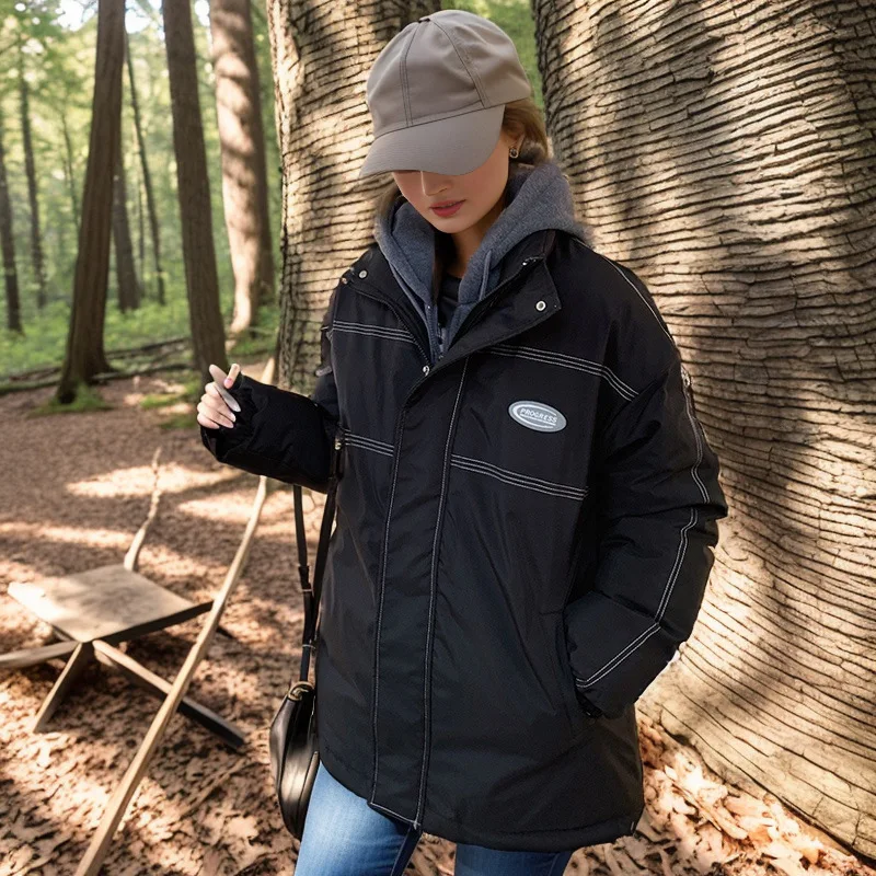 

2023 New Winter Fake Two Piece Hooded Cotton Jacket Women's Casual Loose Warm Thickened Bf Bread Jacket Coat Short Cotton Coat