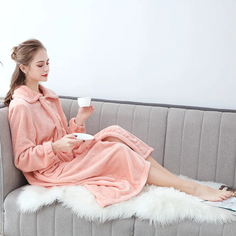 Autumn Winter Long Flannel Bathrobe Home Wear Clothes Dressing Gown Women's Coral Fleece Soft Nightdress Warm Bath Robes