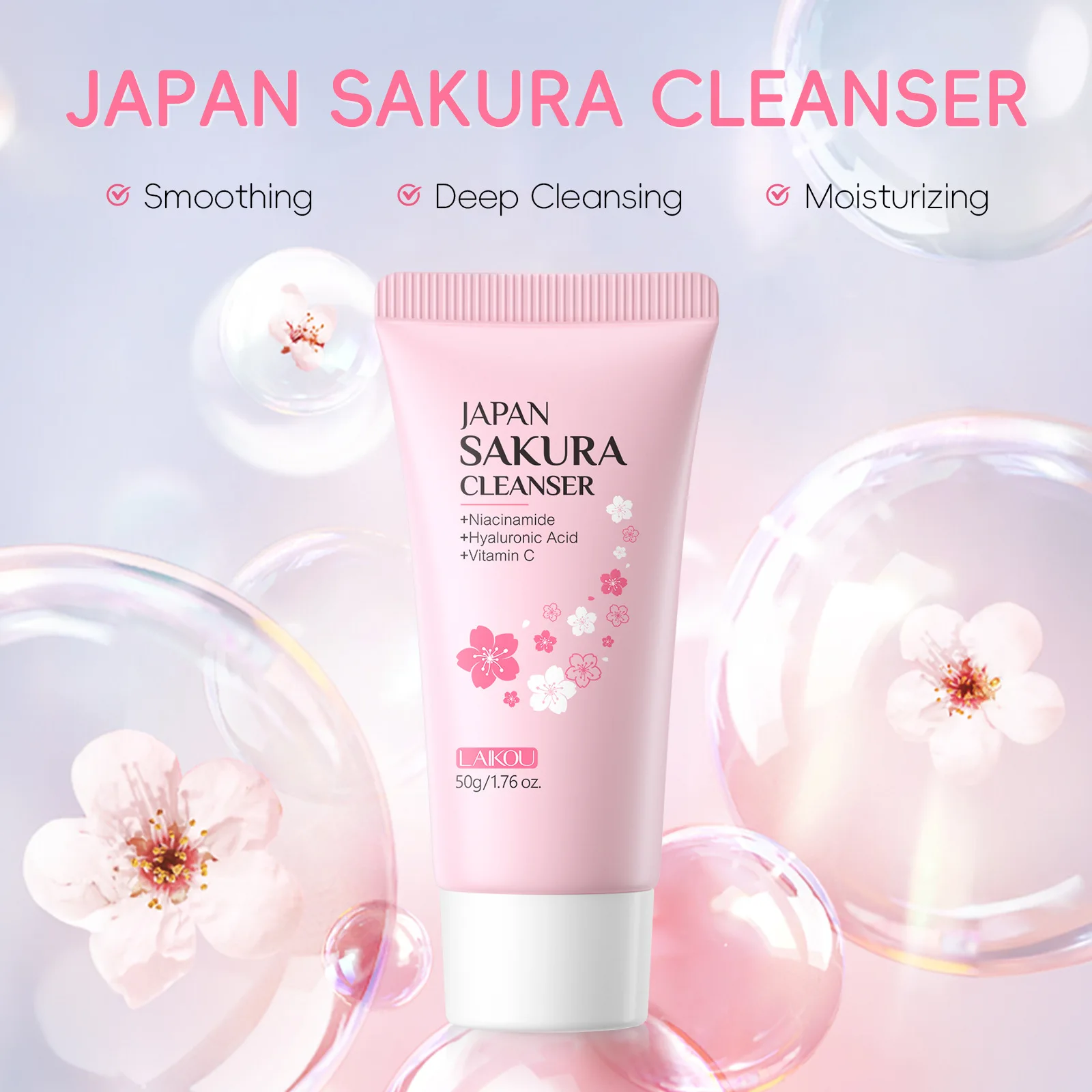Facial cleanser Laikou Sakura Whitening Facial Cleanser Foam Moisturizing Deep Remove Cleansing Acne Milk Oil Control Exfoliating Shrink Pores